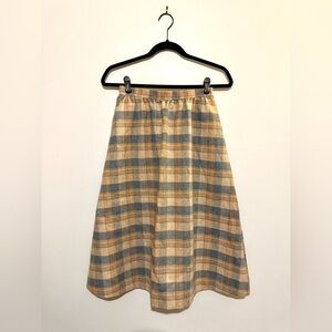 Vintage 60s Handmade Wool Plaid Tan and Blue Women's A-Line Skirt, XS